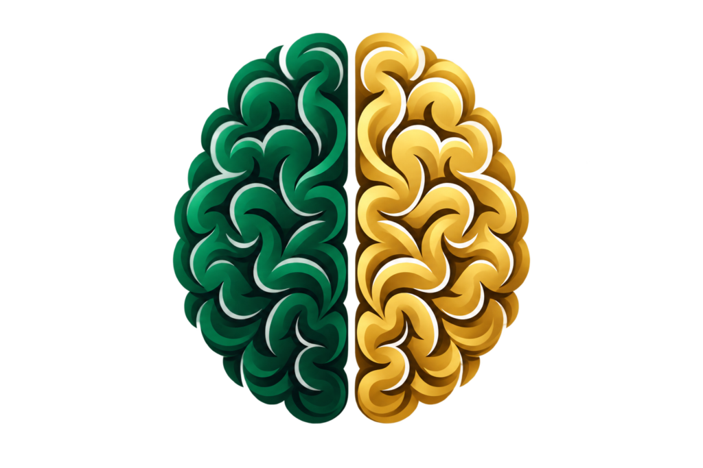 Green and yellow brain illustration representing cognitive behavioural therapy, thought patterns and mental health