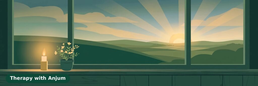 Illustration of a candle and flowers on a windowsill at dawn, representing grief, remembrance and healing — Therapy with Anjum