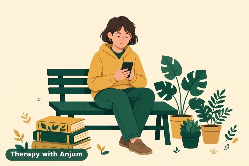 Illustration of a teenager sitting calmly with a smartphone, books and plants nearby, representing a balanced view of social media and young people's anxiety — Therapy with Anjum