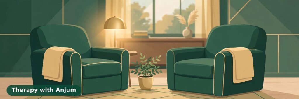 Illustration of two chairs in a calm therapy room, representing what makes therapy work — Therapy with Anjum